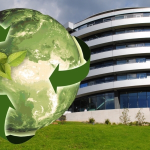 EMBL ETC building and a green Earth with recycling symbol